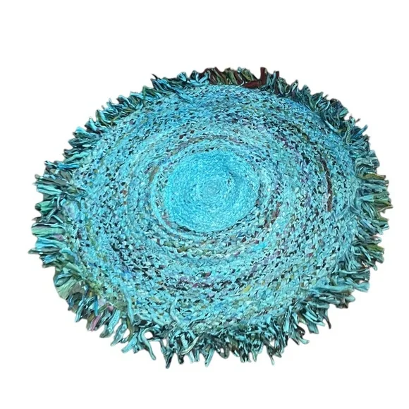 NWOT Handmade Braided Multi Color Block Rag Rug With Fringe Round Rug, - Picture 1 of 8